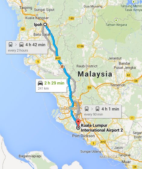 Map from klia2 to Ipoh, Perak