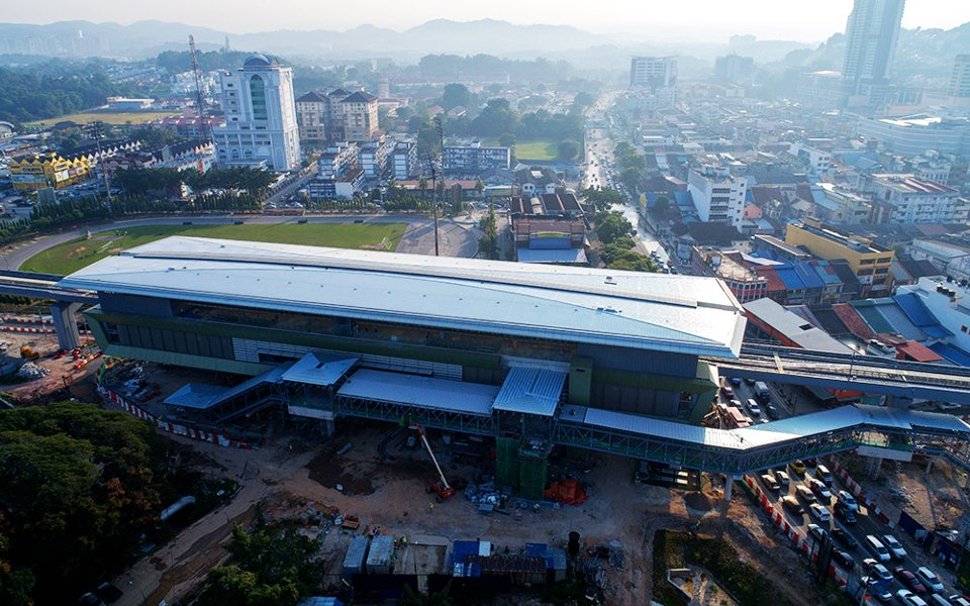 Aerial view of the Stadium Kajang MRT Station undergoing construction works