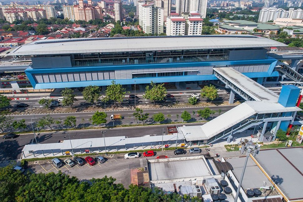 Aerial view of Taman Midah station showing the pedestrian bridge linking to entrance B