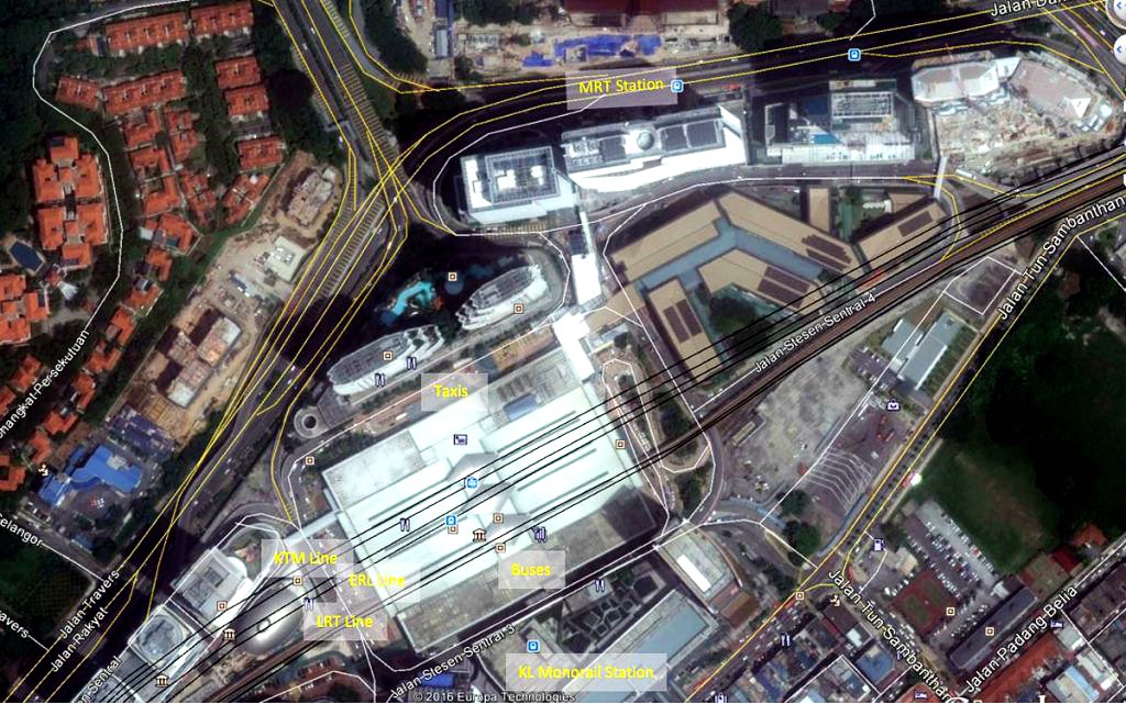 Aerial view of respective transportation zones at KL Sentral