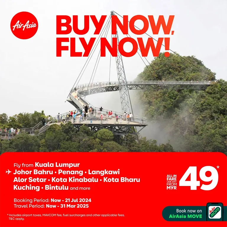 Fly from Kuala Lumpur to Johor Bahru, Penang, Langkawi, Alor Setar, Kota Kinabalu, Kota Bharu, Kuching, Bintulu and more, all-in fare, one way from MYR 49*!