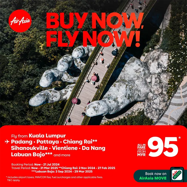 Fly from Kuala Lumpur to Padang, Pattaya, Chiang Rai**, Sihanoukville, Vientiene, Danang, Labuan Bajo*** and more, all-in fare, one way from MYR 95*!