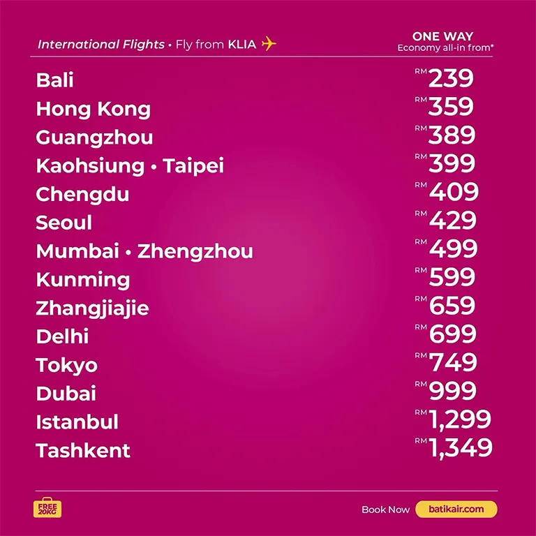 International flights, fly from Kuala Lumpur Internattional Airport (KLIA)