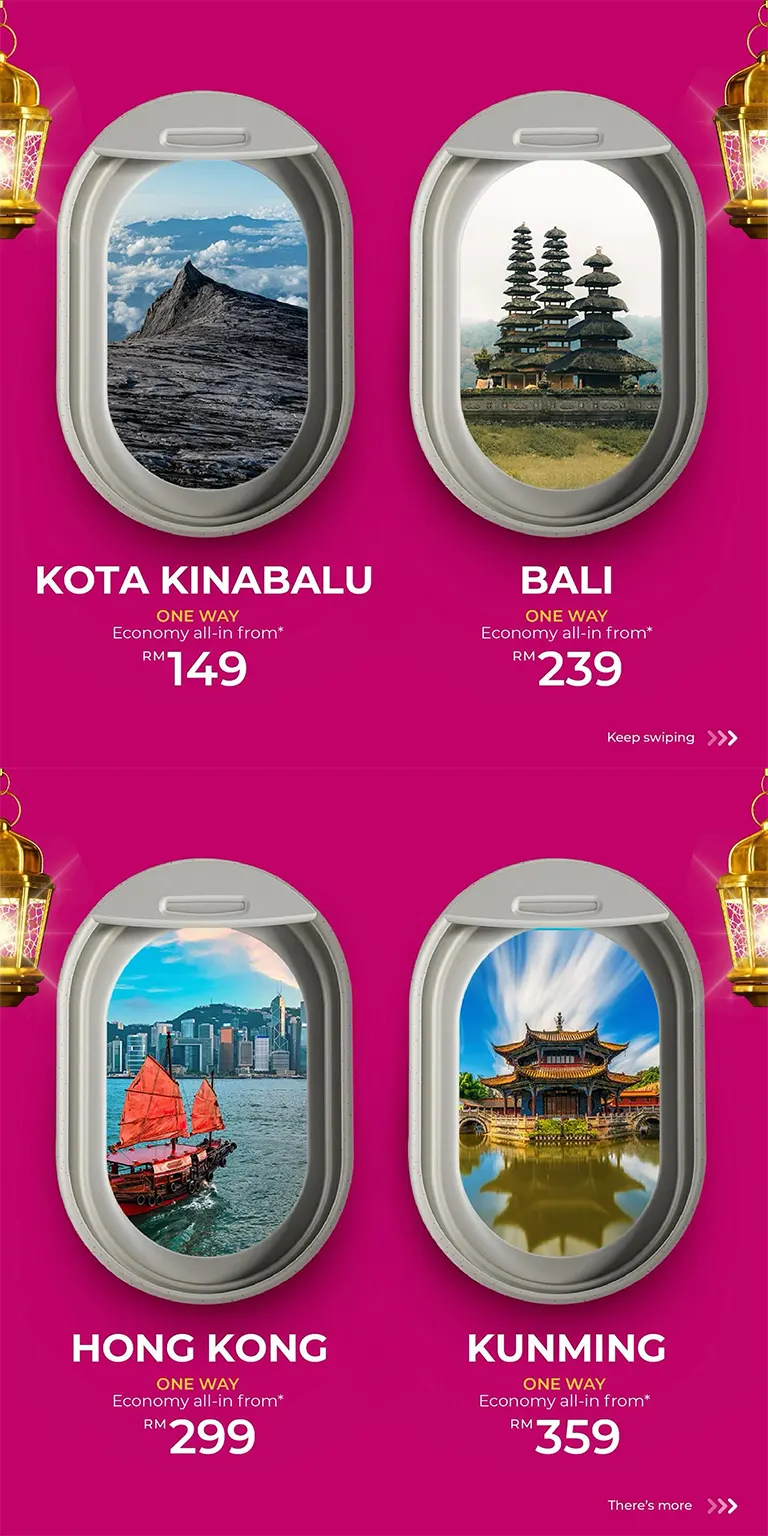 Fly from Kuala Lumpur to Kota Kinabalu, Bali, Hong Kong, Kunming!