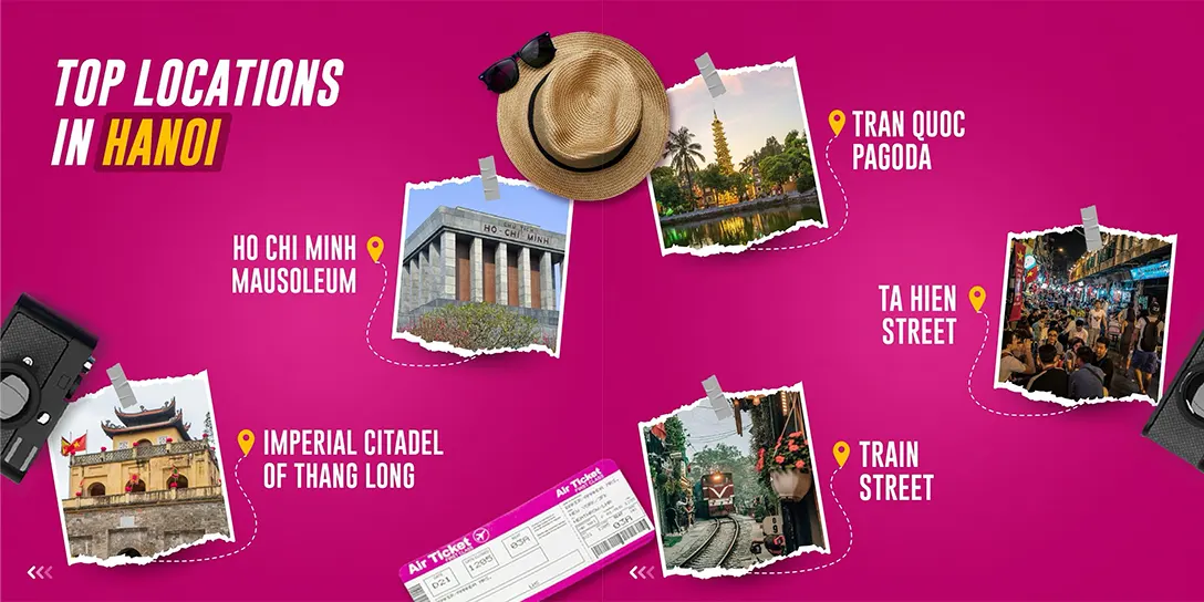Top locations in Hanoi, Ho Chi Minh Mausoleum, Imperial Citadel of Thang Long, Tran Quoc Pagoda, Tai Hien Street, Train Street, and many others