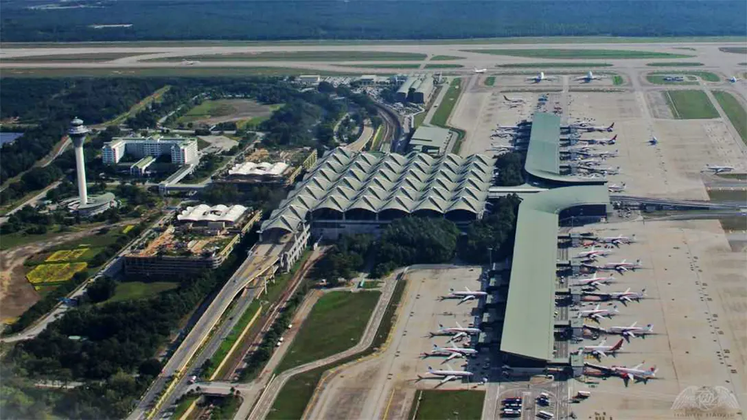 Aerial view of Main Terminal Building and Contact Pier for Kuala Lumpur International Airport Terminal 1 (KLIA)