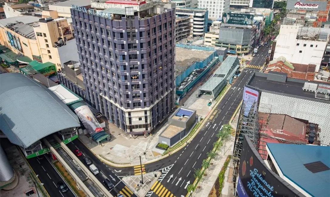 Aerial view of the Bukit Bintang Monorail and MRT station at shopping hub in the Kuala Lumpur Golden Triangle commercial district