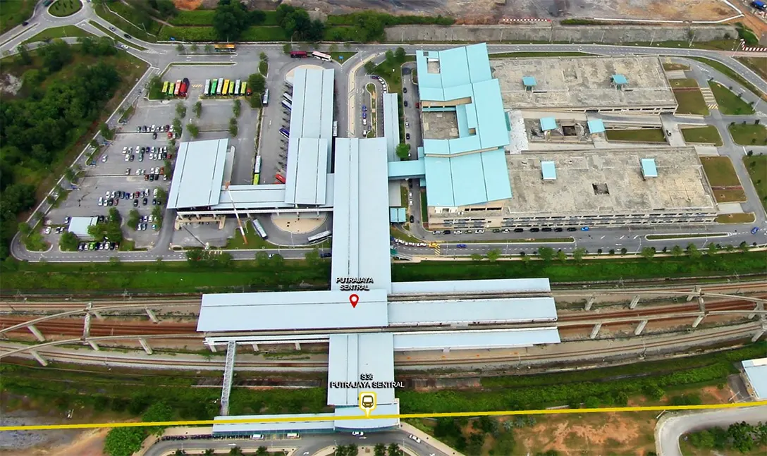 Aerial view of Putrajaya & Cyberjaya ERL station and Putrajaya Sentral
