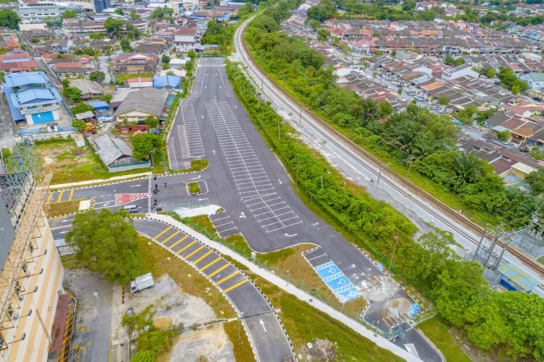 Aerial view of the Sri Damansara Timur MRT Station at-grade park and ride showing the site tidiness works in progress