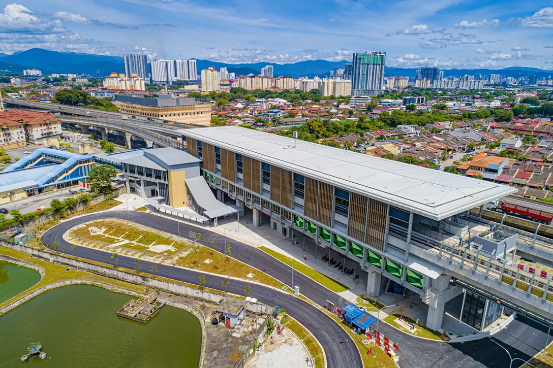 Aerial view of the Sri Damansara Timur MRT Station showing the Asphaltic Concrete Wearing Course laying completed