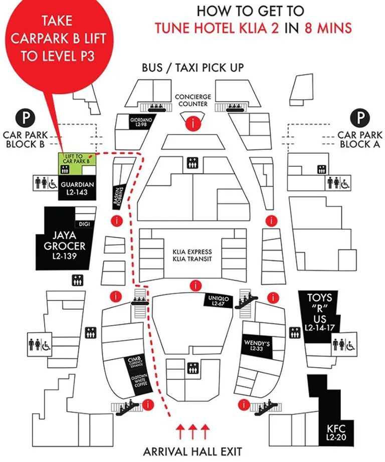 Directions from Arrival hall to Tune Hotel klia2
